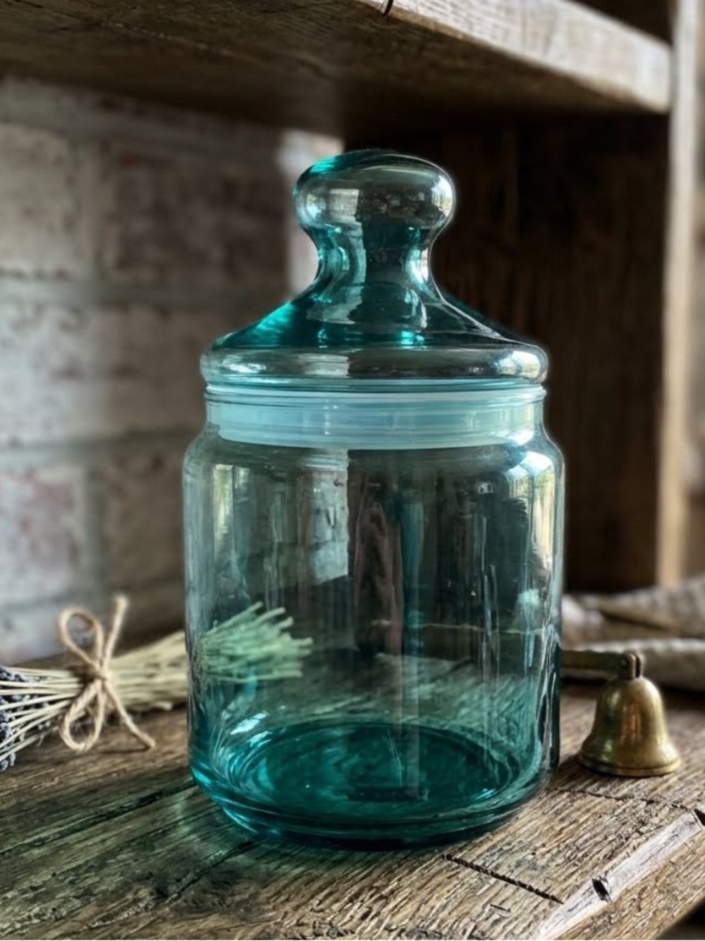 Vintage Luminarc Teal Glass Apothecary Canister with Knob Lid